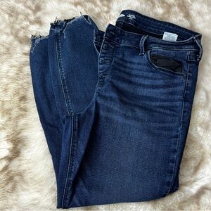 Old Navy Dark Wash Button Un-Hemmed Jeans, with Black Thread Detail, sz. 14